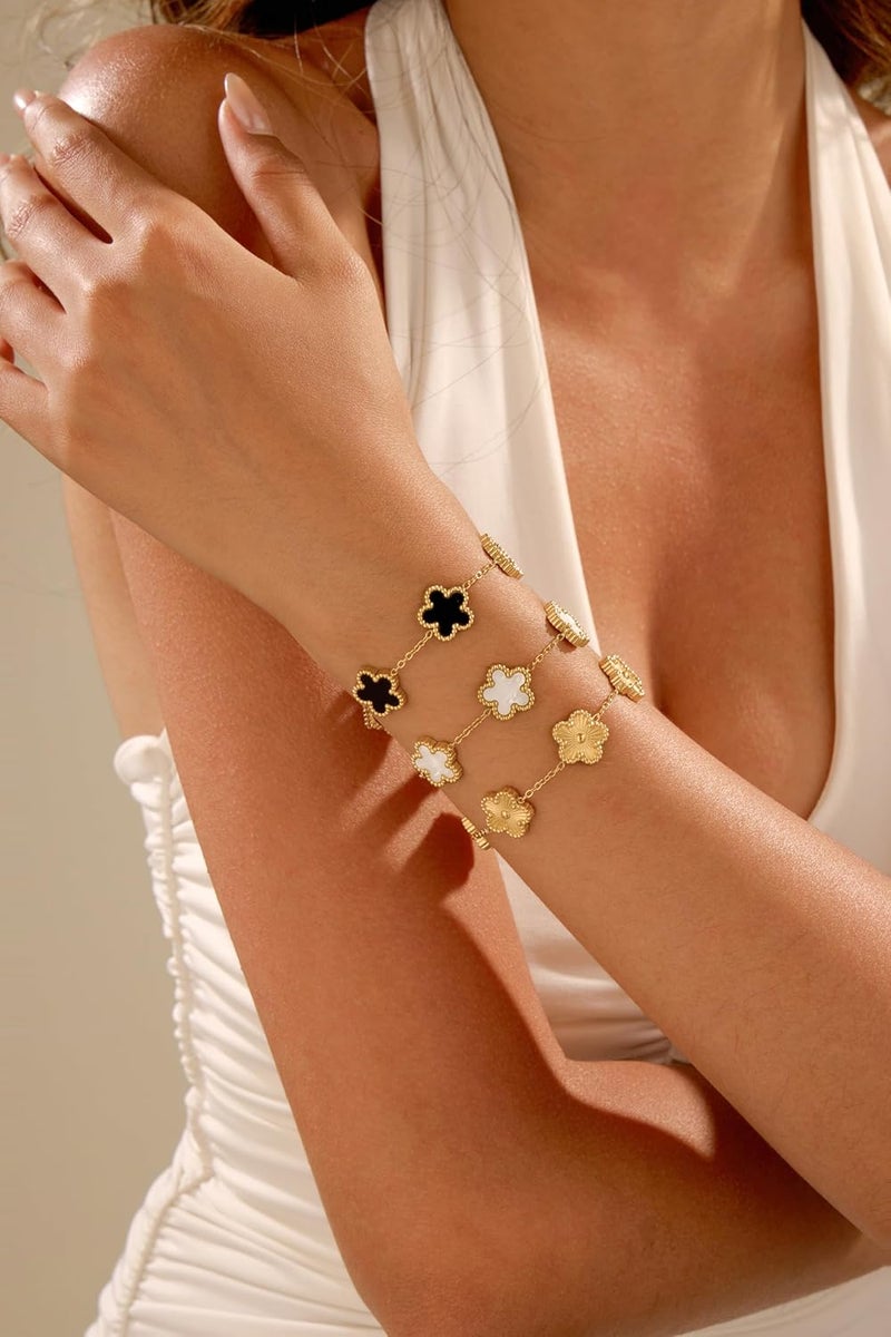 Funio Four Leaf Clover Bracelet Set for Women - 3Pcs 18K Gold Plated Flower Lucky 4 Leaf Link Bracelet Jewelry Gift for Women Van Cleef - Image 3